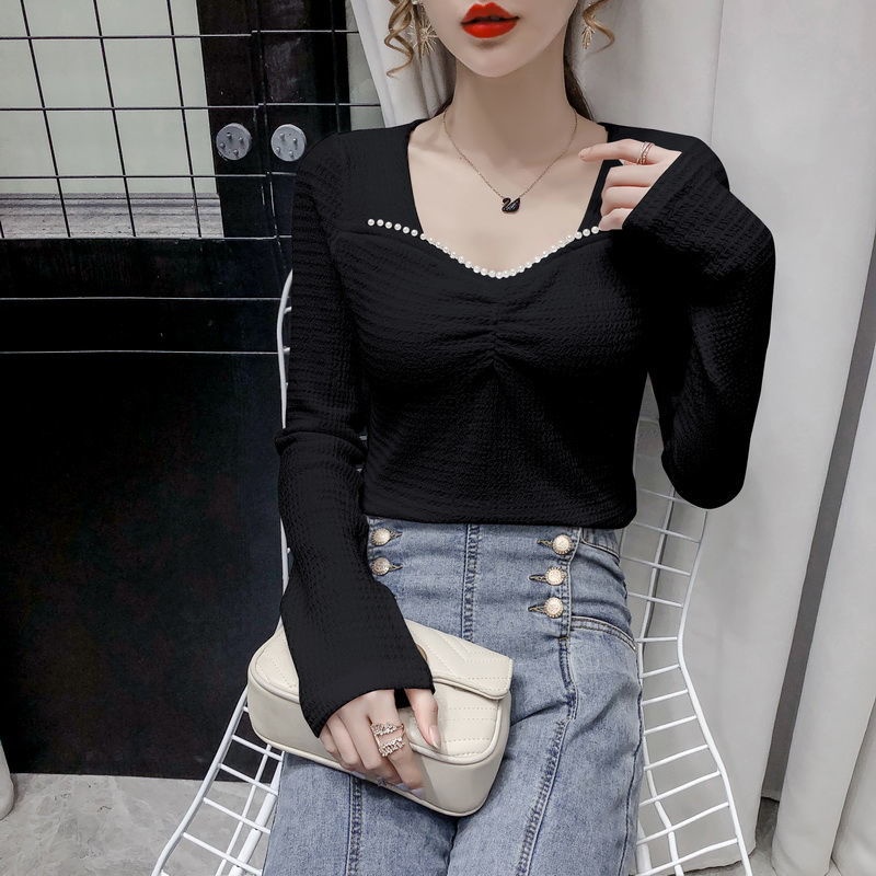 Áo Kiểu Tay Dài Cổ Vuông Xếp Ly Đính Ngọc Trai Phong Cách Pháp Thời Trang Xuân Trẻ Trung Cho Nữ