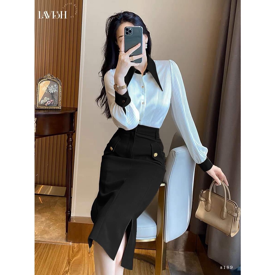 Chân Váy Dáng Bút Chì suông nhẹ Dài 65cm xẻ tà 2 bên phối cúc