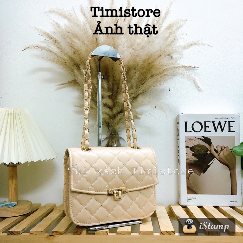 Túi xách đeo chéo nữ đeo vai Cê Ka khóa lật da trần chỉ ô trám dây xích phối da rẻ đẹp thời trang TIMISTOREHN TN155