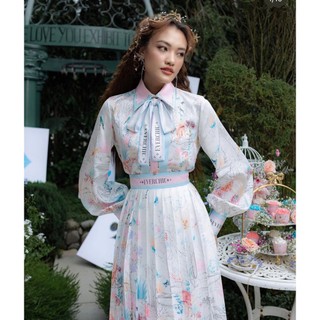 SET ÁO HOA CỔ SƠ MI CHÂN VÁY MIDI HOA