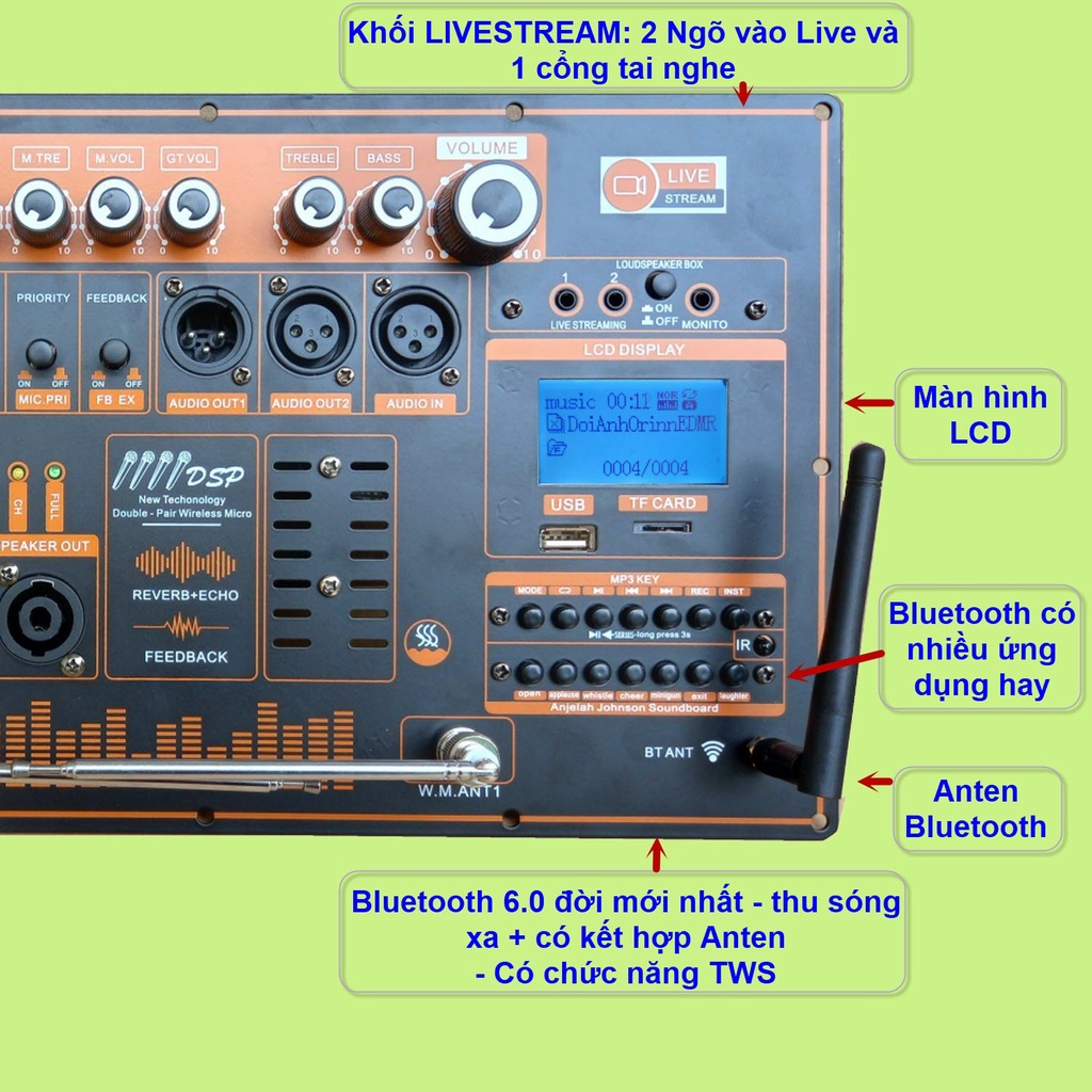 Mạch loa kéo 4 tấc đơn 500W Reverb chống hú DSP Livestream Equalizer 5 Band chạy FET IRFB32N15D kèm led nháy