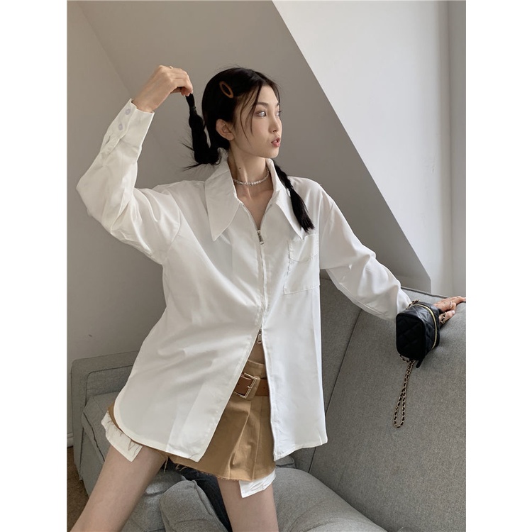 Áo Sơ Mi Dài Tay Dáng Rộng Phối Khóa Kéo Thời Trang Dành Cho Nữ