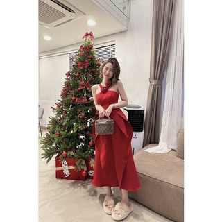 ➖Đầm xoè cổ yếm hoa hồng lai xếp ly