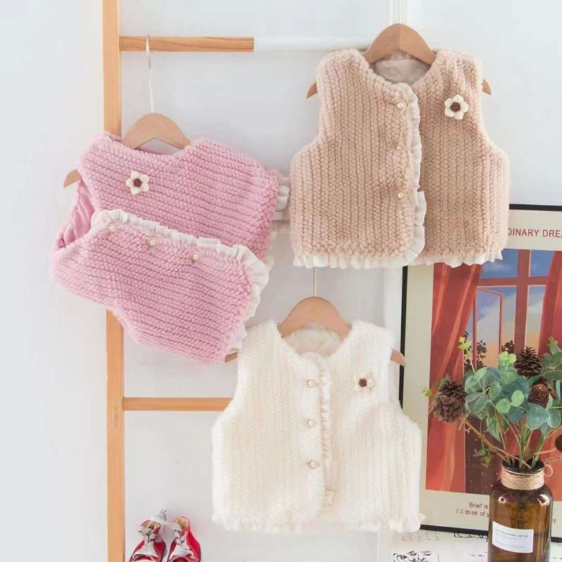 Áo gile lông thỏ QCCC cài hoa cho bé 7-18kg