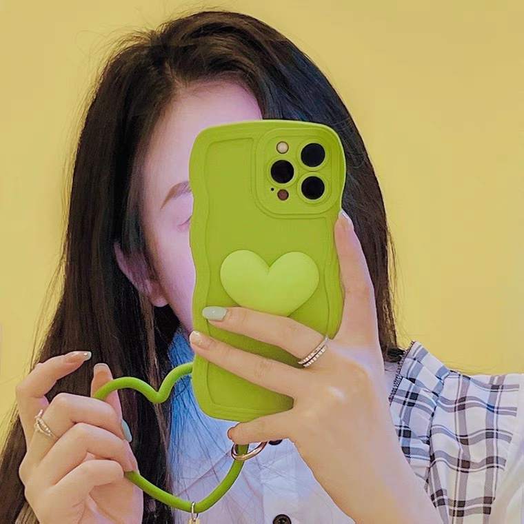 Ốp Điện Thoại Họa Tiết Trái Tim Màu Xanh Lá Thời Trang Gắn Dây Đeo Cho iPhone12promax xs13xr 11