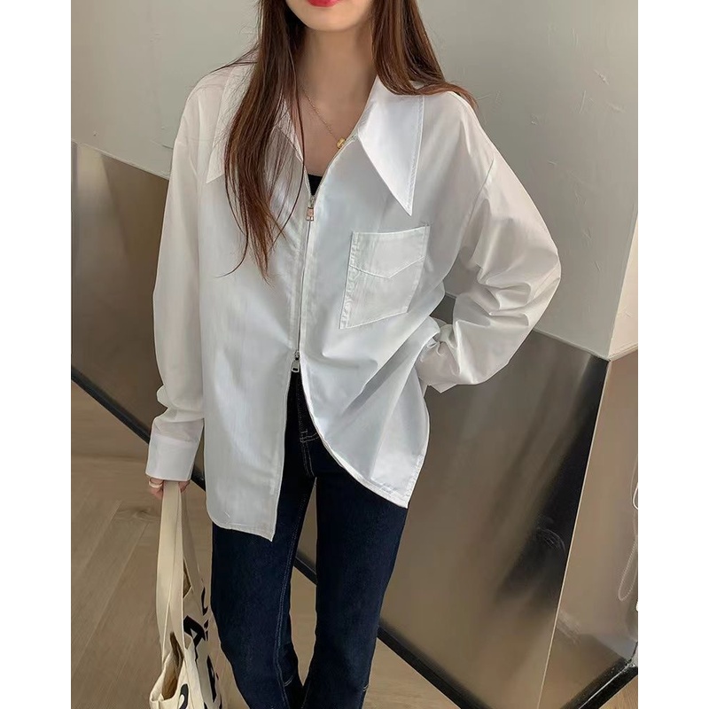 Áo Sơ Mi Dài Tay Dáng Rộng Phối Khóa Kéo Thời Trang Dành Cho Nữ