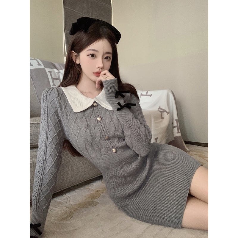 ZHELIHANGFEI Đầm Dệt Kim Tay Dài Cổ POLO Lưng Cao Thời Trang Quyến Rũ Cho Nữ