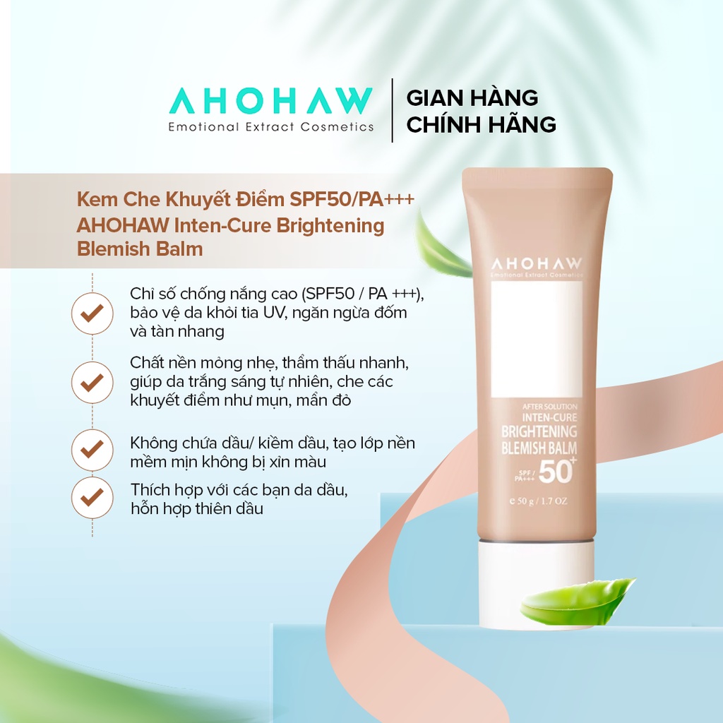 Kem Che Khuyết Điểm SPF50/PA+++ AHOHAW Inten-Cure Brightening Blemish Balm 50g - Nâng Tone Da Tự Nhiên, Chống Tia UV