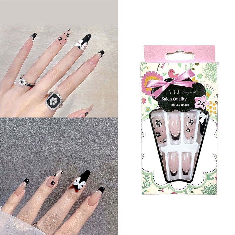 Bộ 24 Móng Tay Giả Ballerina Kèm Keo Dán Thiết Kế Hoa Có Thể Tháo Rời JP5