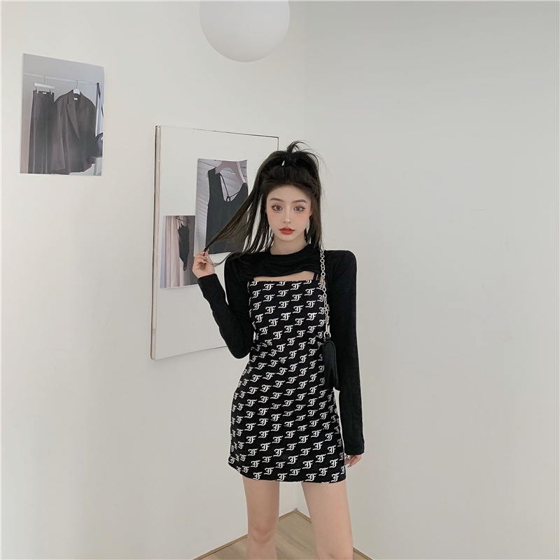 IELGY Bộ Áo Thun Dài Tay In Họa Tiết + Đầm Không Tay Xinh Xắn Dành Cho Nữ