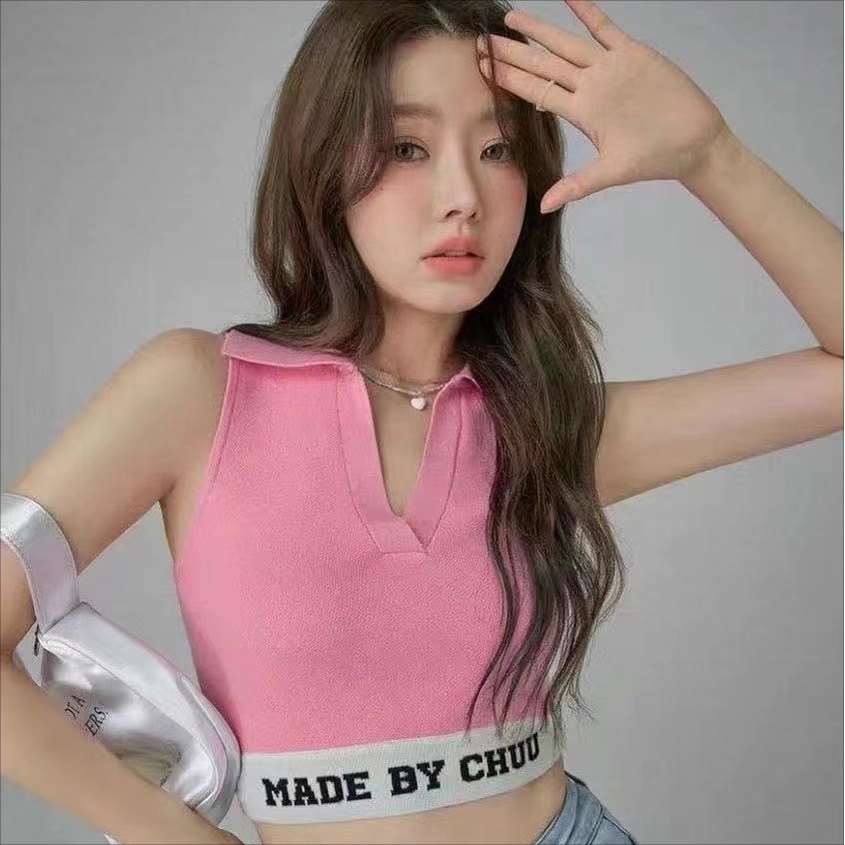 ZHELIHANGFEI Áo Sweater Sát Nách Cổ POLO Lưng Cao Thiết Kế Quyến Rũ