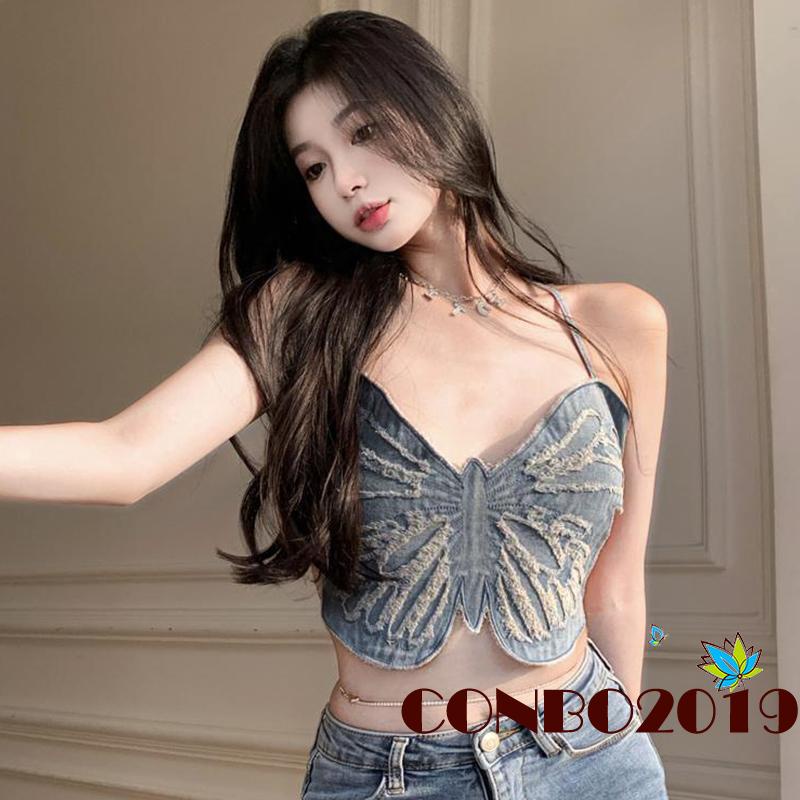 Áo Croptop Sát Nách Hở Lưng In Họa Tiết Bướm 3D Thời Trang Mùa Hè Cho Nữ