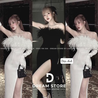 Đầm body quây ngực phối lông xẻ đùi kèm găng tay