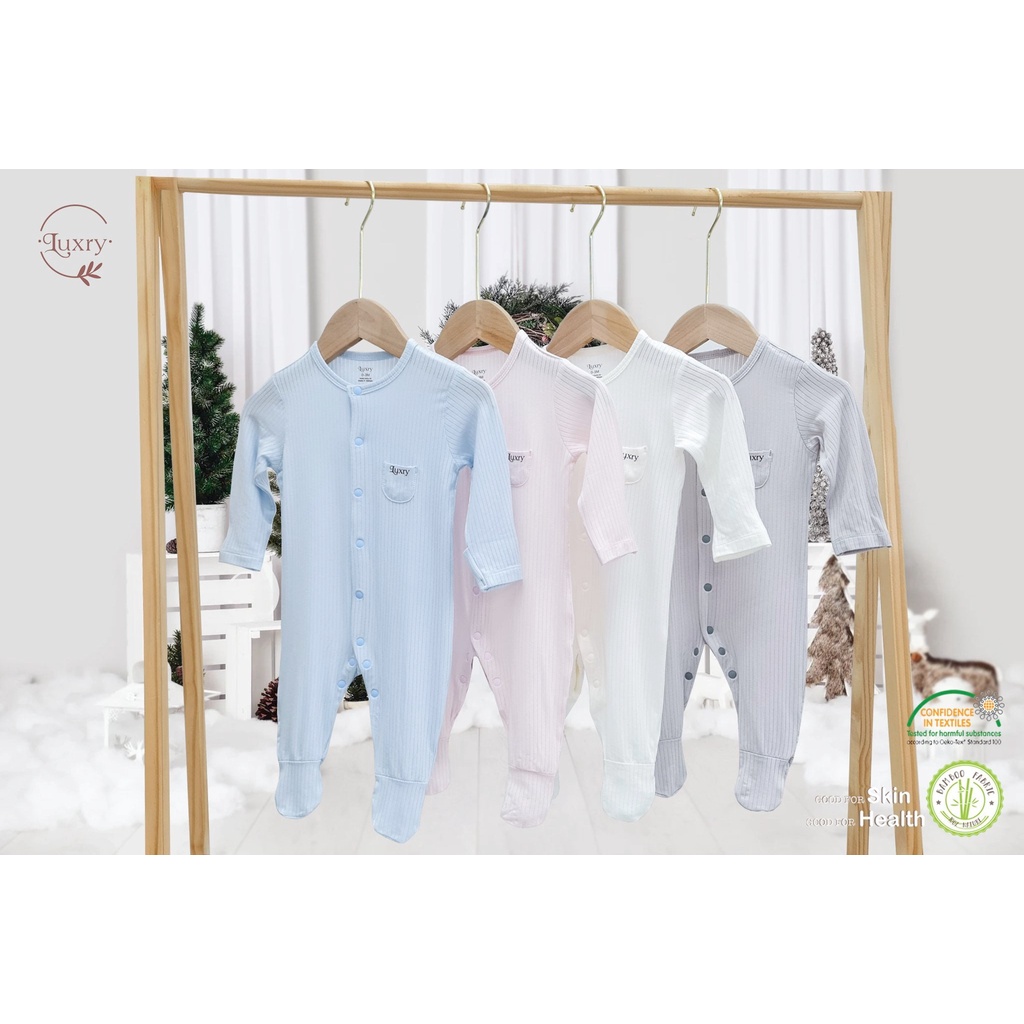 Body dài tay liền tất Luxry vải sợi tre gân cho bé sơ sinh