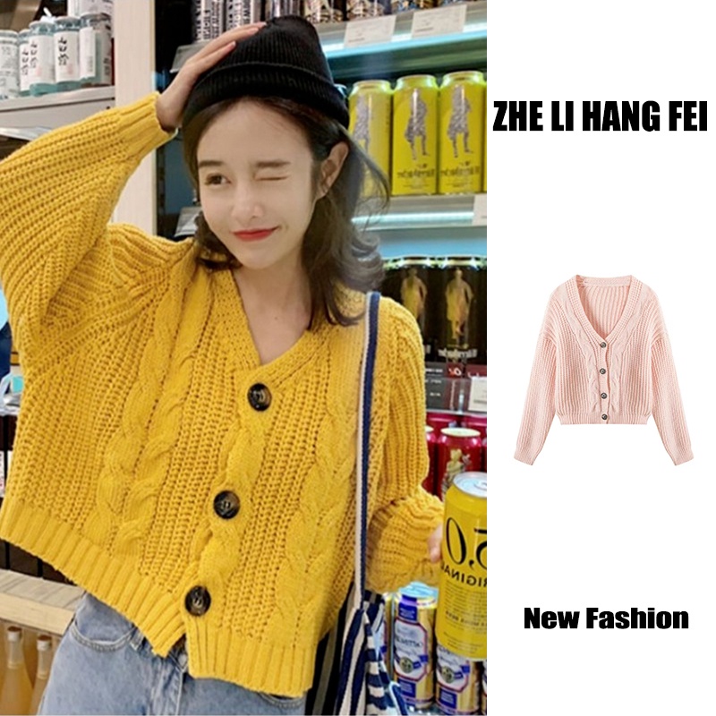 Áo khoác cardigan ZHELIHANGFEI dệt kim tay dài cổ chữ V dáng rộng lưng cao dễ phối đồ