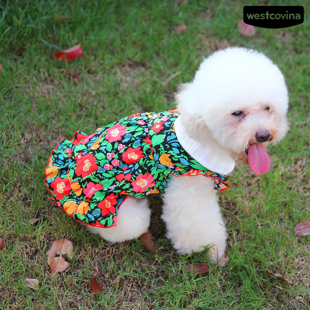 [COD]♘Đầm Tay Ngắn Cổ Búp Bê In Hoa Thoáng Khí Thời Trang Cho Thú Cưng