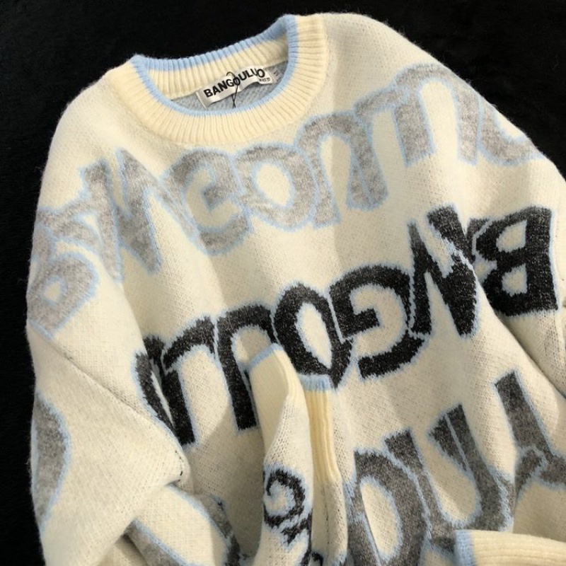 Zhuangji Áo Sweater Dệt Kim Dáng Rộng In Chữ Màu Gradient Phong Cách Đường Phố Mỹ Cho Cặp Đôi