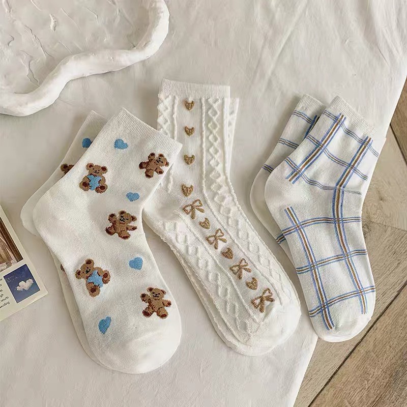 Set 3 đôi tất nữ cổ cao, cổ thấp, họa tiết nơ dễ thương, phong cách hàn quốc, chất liệu thoáng mát, thấm hút mồ hôi