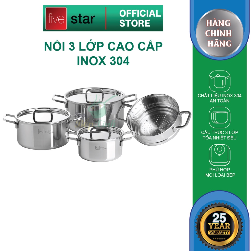 Bộ nồi 3 lớp đáy liền inox 304 cao cấp Fivestar Plus 4 món bếp từ nắp inox