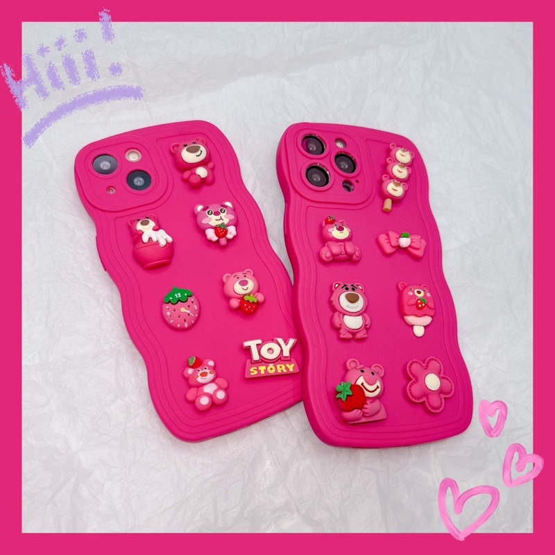 Ốp lưng ip pro camera GỢN SÓNG HỒNG NEON kèm hoạ tiết gấu dâu lotso siêu cute dành cho ip