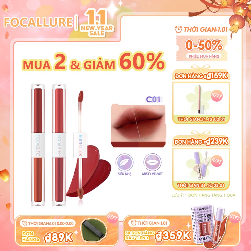 Son môi Focallure dạng lỏng 2 trong 1 màu nhung lì chống nứt nẻ quyến rũ hợp thời trang 2.4g