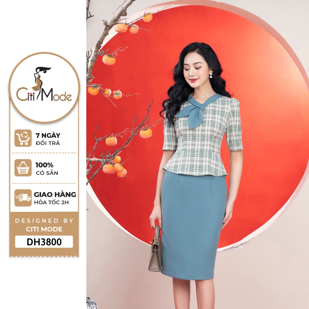 Đầm công sở CITI MODE FASHION thiết kế dáng peplum caro xanh phối chân váy 1 màu DH3800