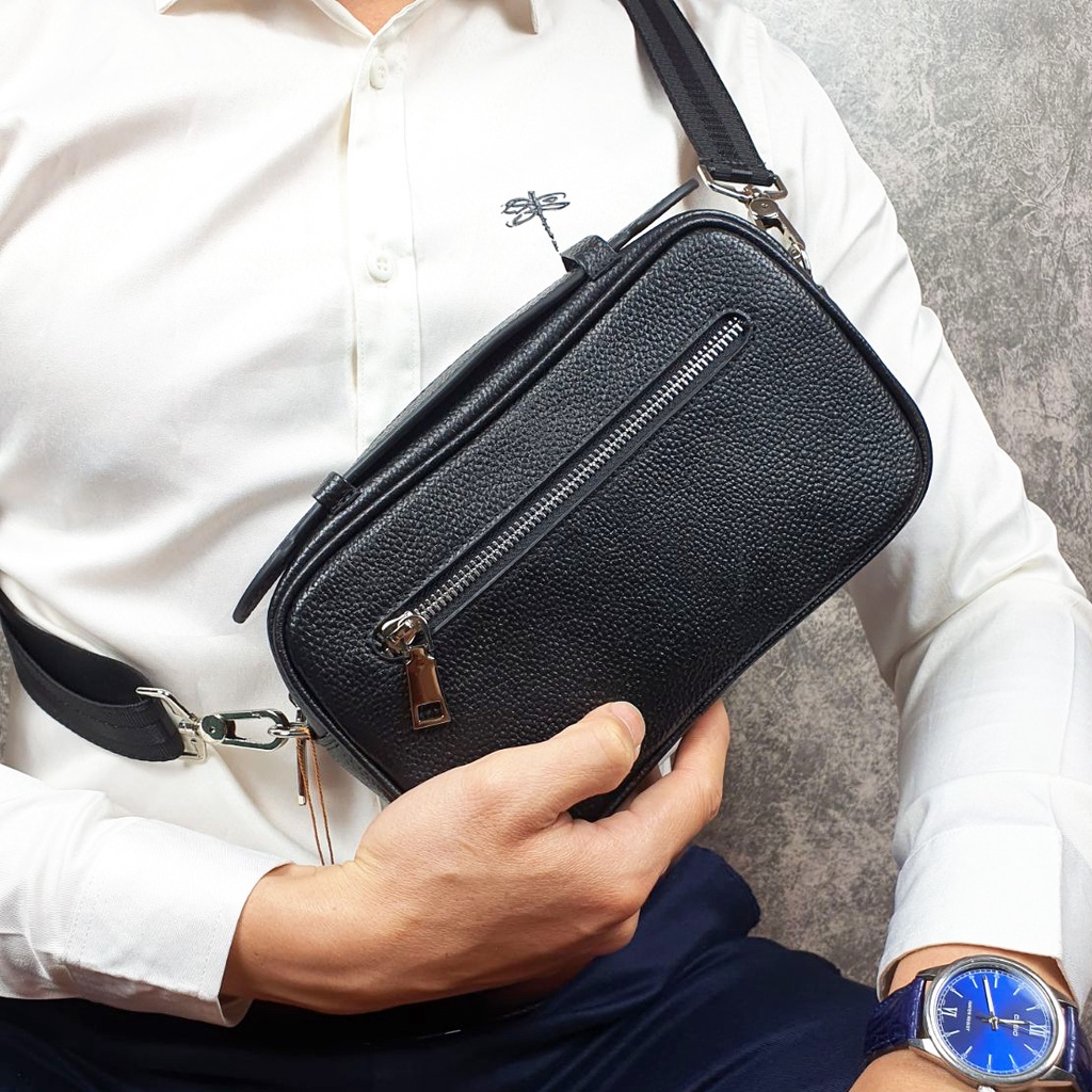 Clutch Hộp Dáng Ngang Nam Sang Trọng CT03 Da Bò Thật Bóp Nam Cầm Tay Kết Hợp Túi Đeo Chéo Kiểu Dáng Lịch Lãm BH 2 năm