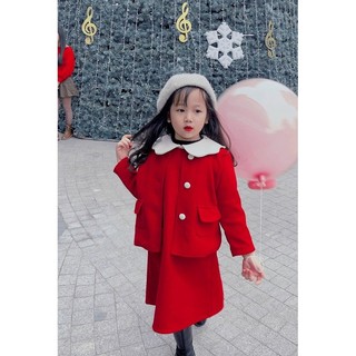 Set dạ đỏ 3 chi tiết bé gái cúc bọc