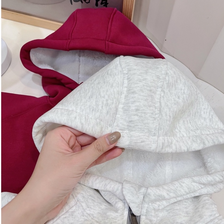 Áo Khoác Lót Lông Cừu Kéo Khóa Trơn Màu Có Mũ Ấm Áp Cho Bé Trai và Bé Gái