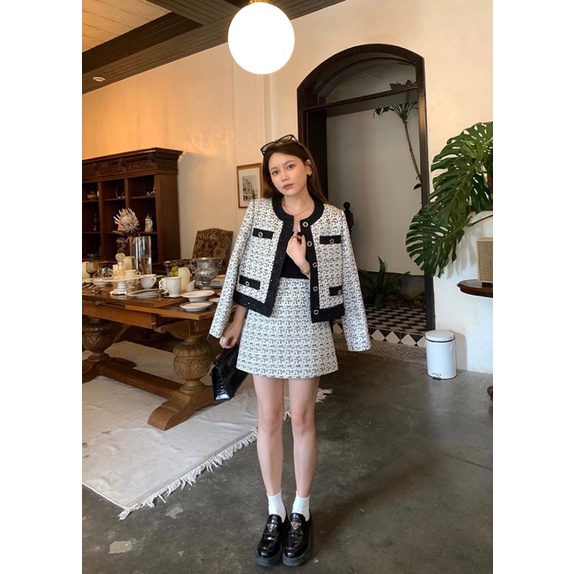 Set dạ kẻ viền nhung