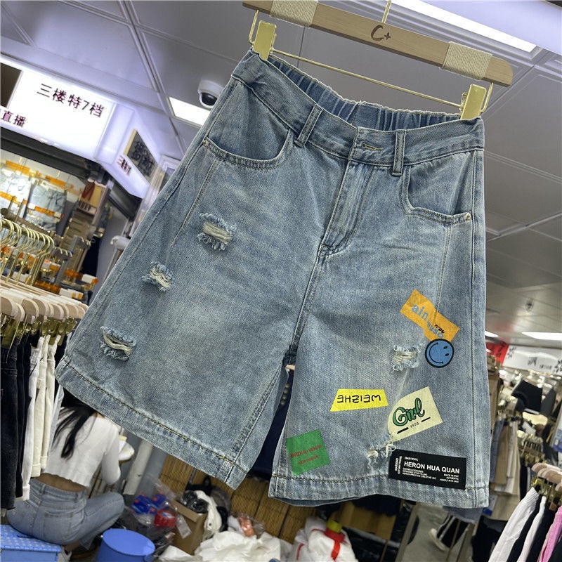 Jiashucheng Quần Short Denim Lưng Cao Ống Rộng Rách Gối Thời Trang Mùa Hè Phong Cách Hàn Quốc Mới Cho Nữ