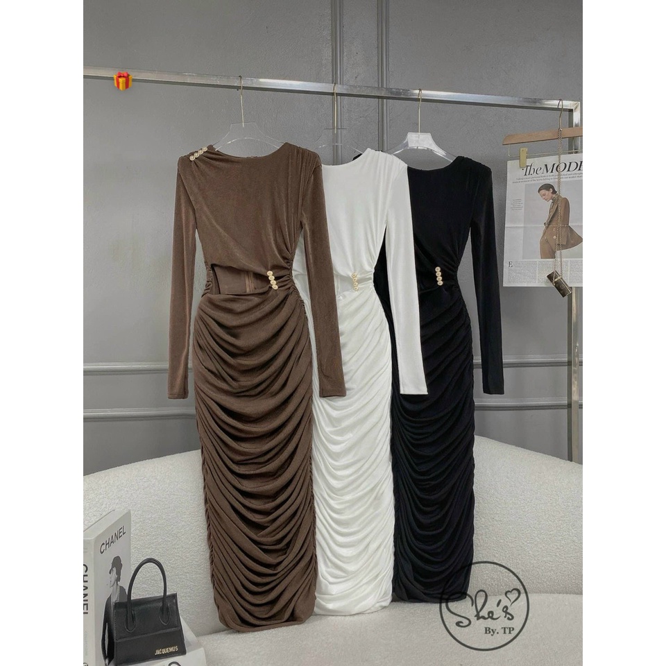 Đầm body nữ thun gân dáng dài midi kiểu khoét eo bún nhùn tay dài phối đính nút ảnh thật cực hot