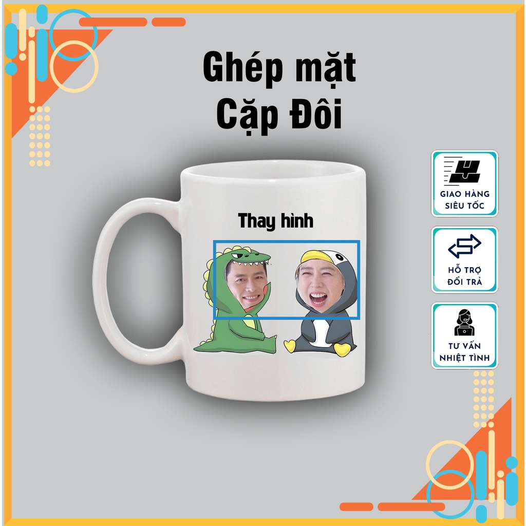 Cốc sứ in hình theo yêu cầu, Cốc Ghép Mặt Dễ Thương cho các cặp đôi siêu dễ thương