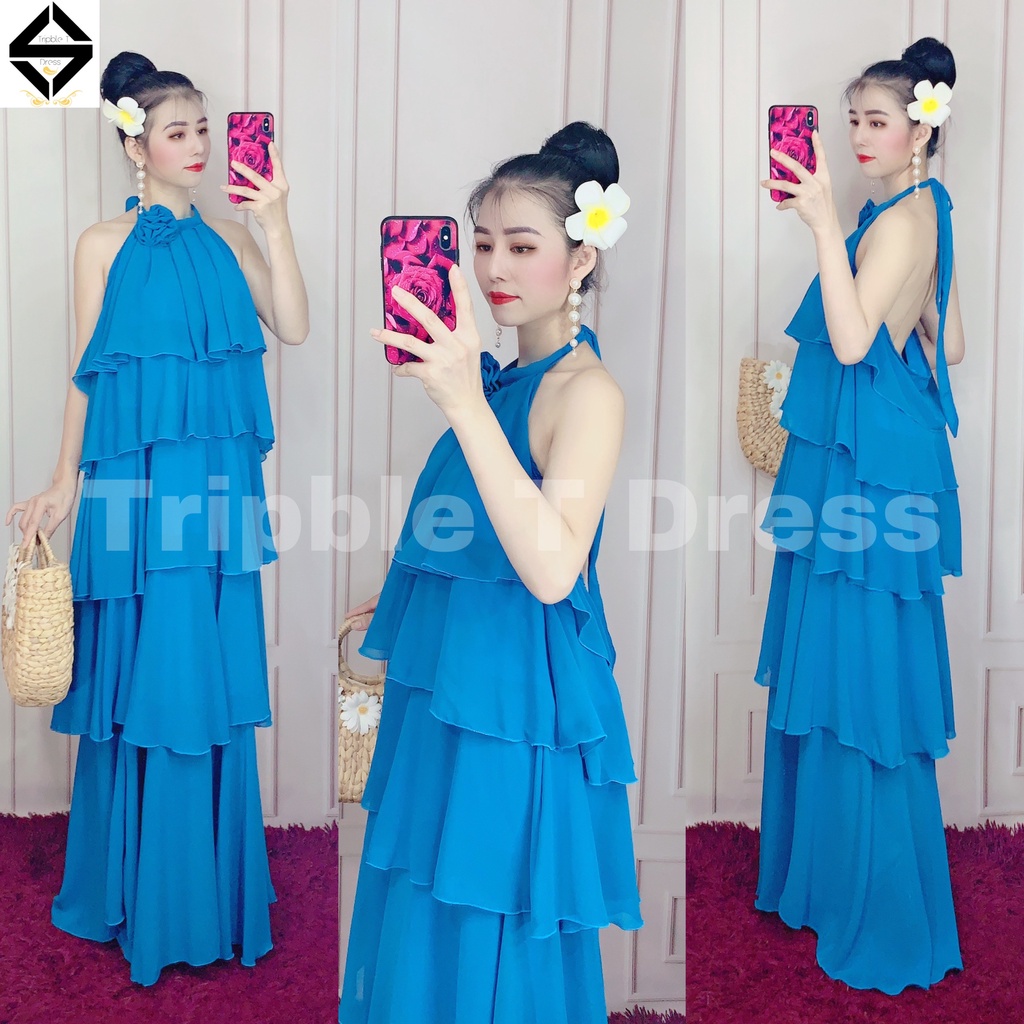 Đầm maxi xếp tầng TRIPBLE T DRESS hở lưng đi biển cổ yếm phối hoa voan trong có lót - free size