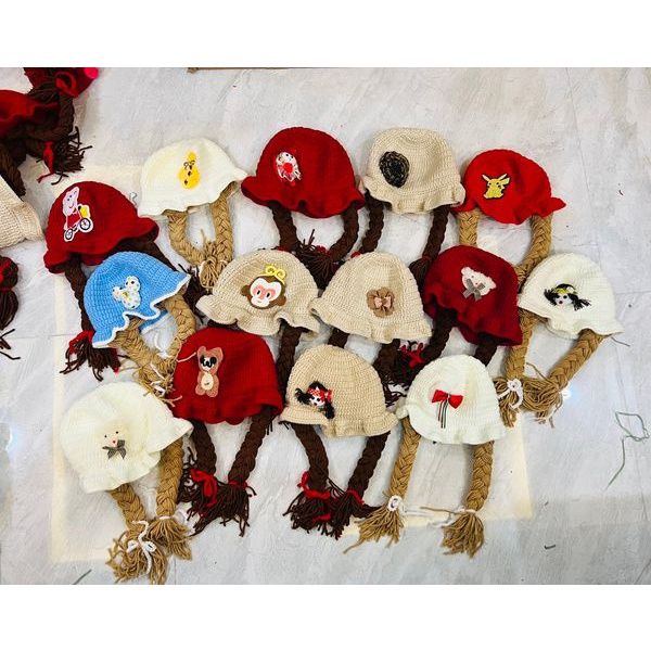 Mũ len kèm tóc tết xinh xắn cho bé gái