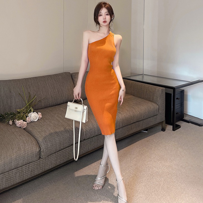 Đầm Dệt Kim Dáng Ôm Lệch Vai Màu Trơn Thời Trang Quyến Rũ Cho Nữ