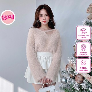 Áo len croptop nữ ruxy lông thỏ chéo vai