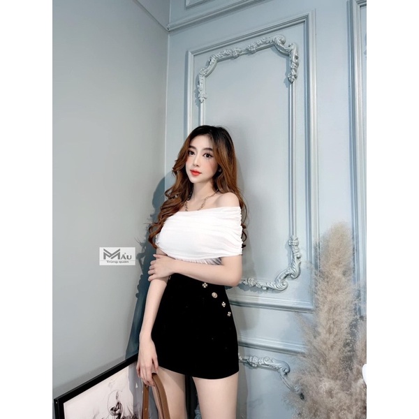 Áo phông rúm trễ vai co giãn nhẹ 45-53kg về 4 màu chuẩn mẫu