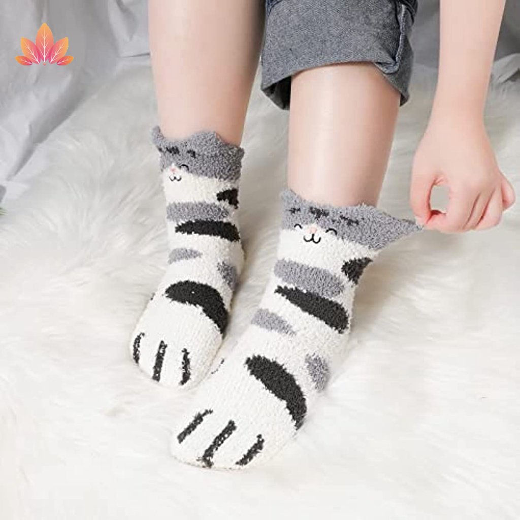 Đôi Vớ Dày Giữ Ấm Mùa Đông Thêu Hình Chân Mèo May Mắn Dễ Thương JP5