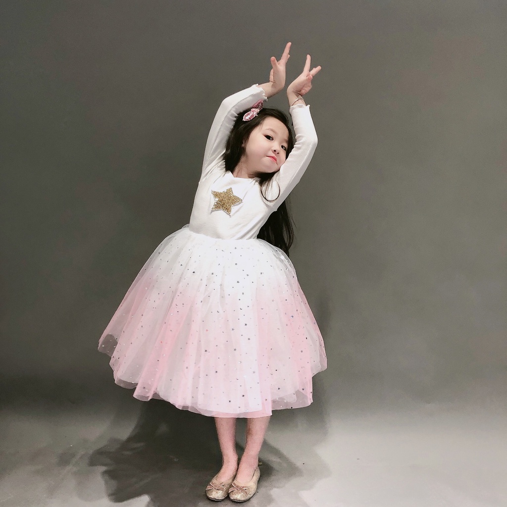 Váy Công Chúa Dài Tay Cho Bé Gái - Váy Xòe Đính Sao