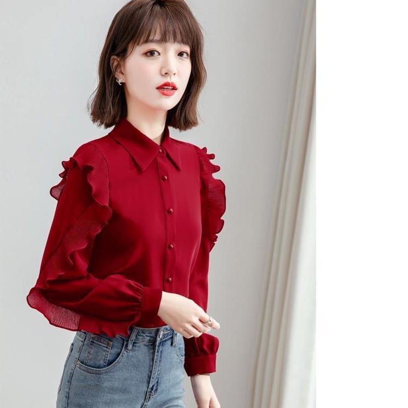 Áo Sơ Mi Chiffon Màu Đỏ Phối Bèo Thời Trang Mùa Xuân Kiểu Mới