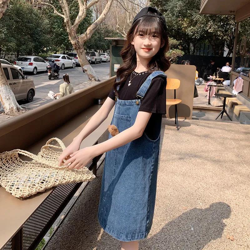 Bộ Áo Thun Dáng Rộng + Váy Yếm Denim Thời Trang Cho Bé Gái 3-5 - 8-10 - 14 Tuổi Váy dây đeo màu xanh