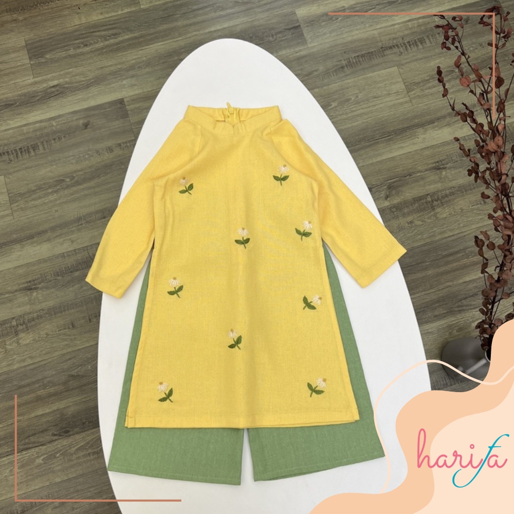 BADT010 Áo dài bé gái - chất liệu linen thêu tay - hoa tiết hoa lác đác - 1-6 tuổi