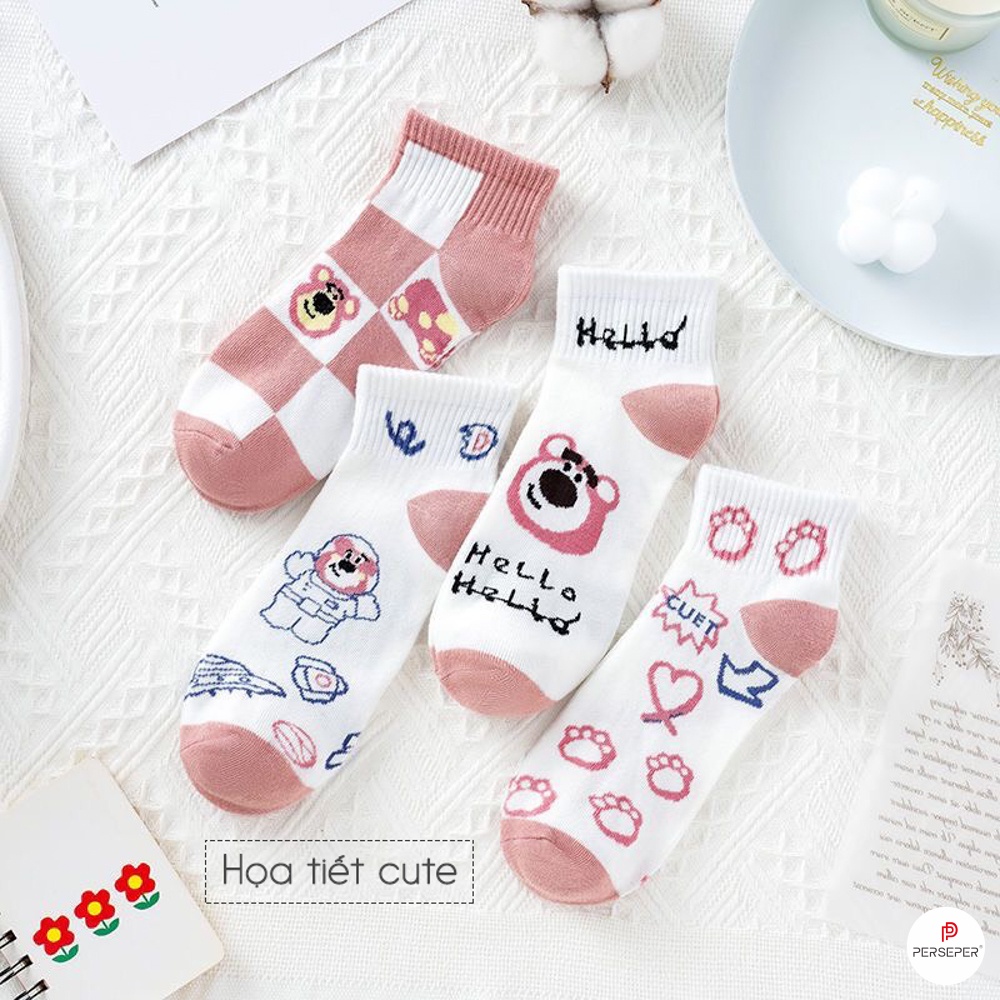 Tất vớ cổ ngắn chất liệu vải Hàn co giãn 4 chiều. sét 5 đôi vớ họa tiết xinh - Sope Shop