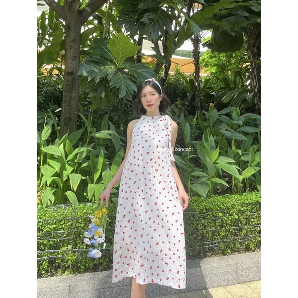 ĐẦM LUCKIE - Đầm yếm nữ hoa đỏ buộc nơ