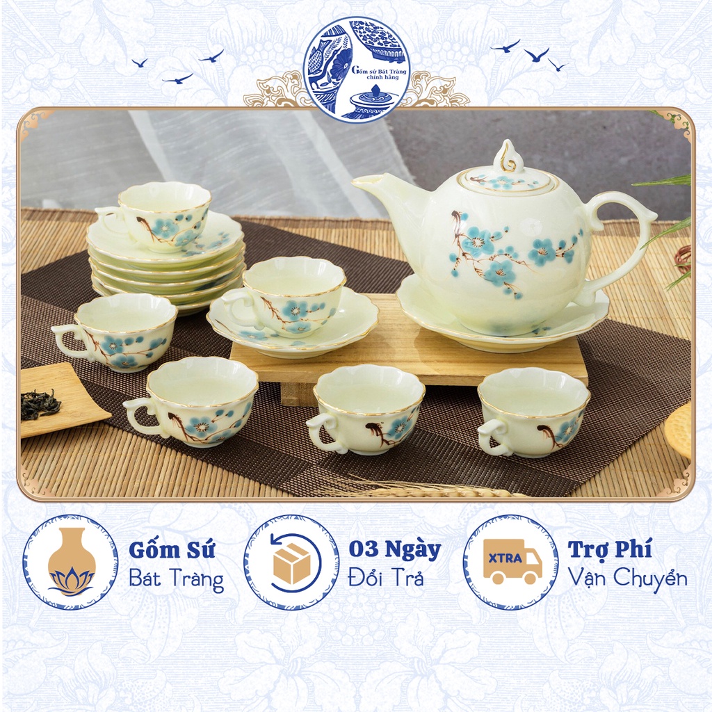 Bộ ấm chén uống trà dáng mẫu đơn kẻ chỉ vàng kim cao cấp - Gốm sứ Bát Tràng chính hãng