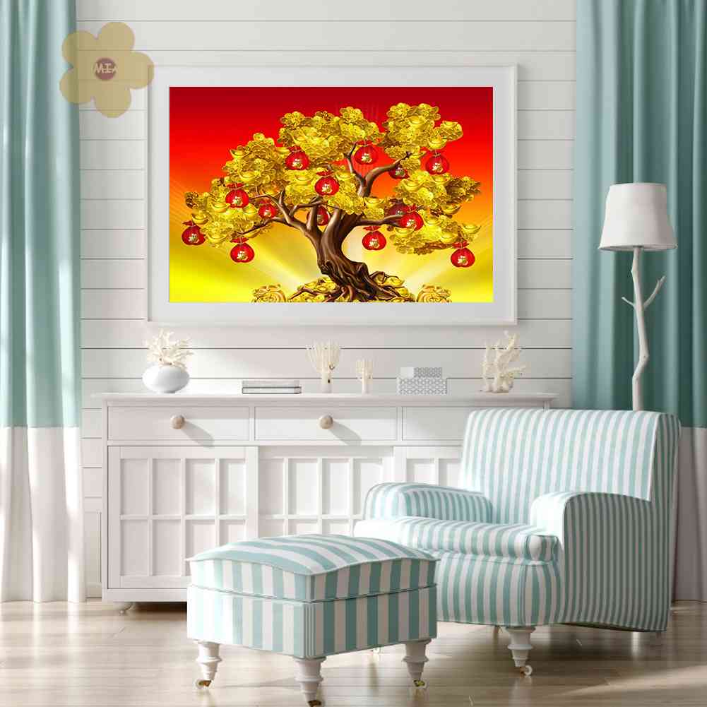 Tranh Đính Đá Kim Cương Toàn Bộ 5D DIY Hình Vẽ Cây Tiền