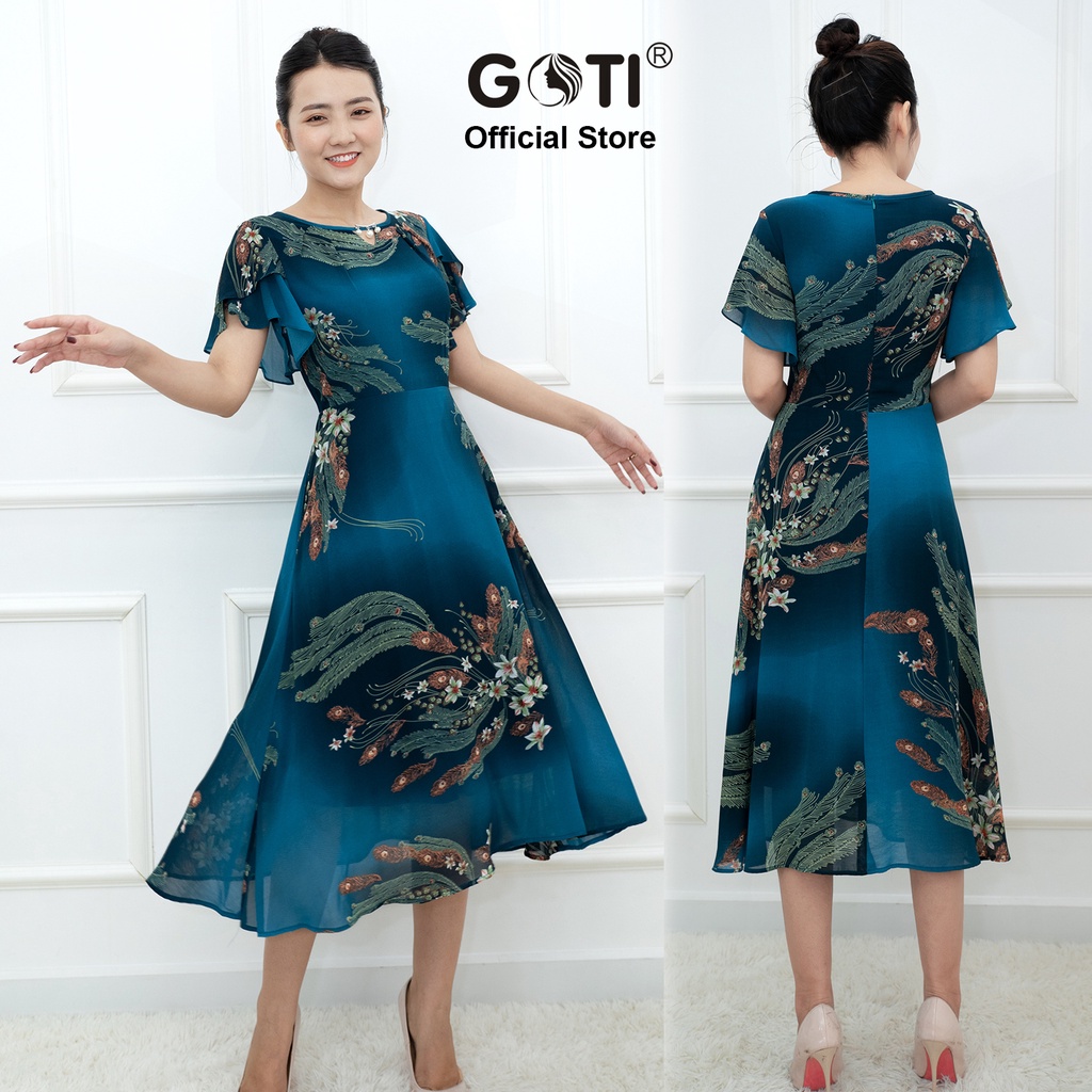 GOTI - Đầm Xòe Dáng Dài Quý Bà Kiều Đầm Xòe Trung Niên Size Lớn In Hoa Có Size Cho Người Mập 3339 3254