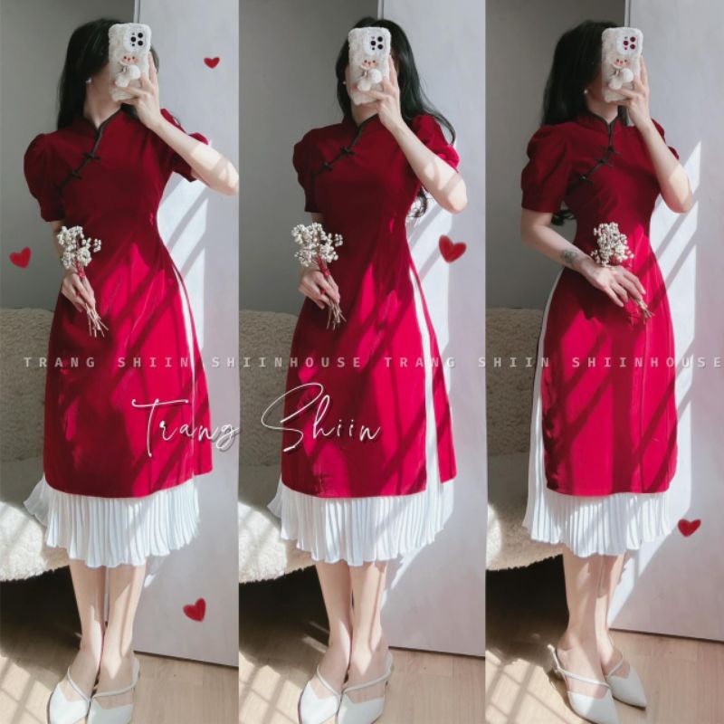 set áo dài nhung đỏ cổ tàu chân váy xếp ly trắng 2 lớp