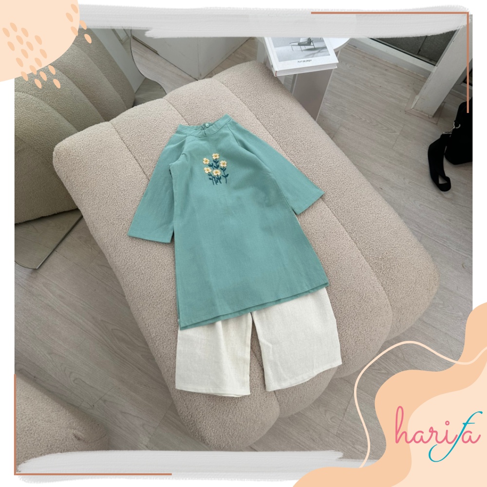 BADT010 Áo dài bé gái - chất liệu linen thêu tay - màu xanh bạc hà - họa tiết bông hoa - 1-6 tuổi